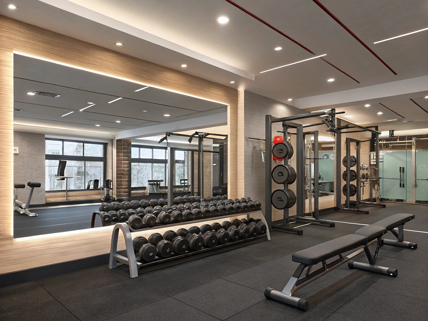 Modernt gym med träningsstationer och fria vikter