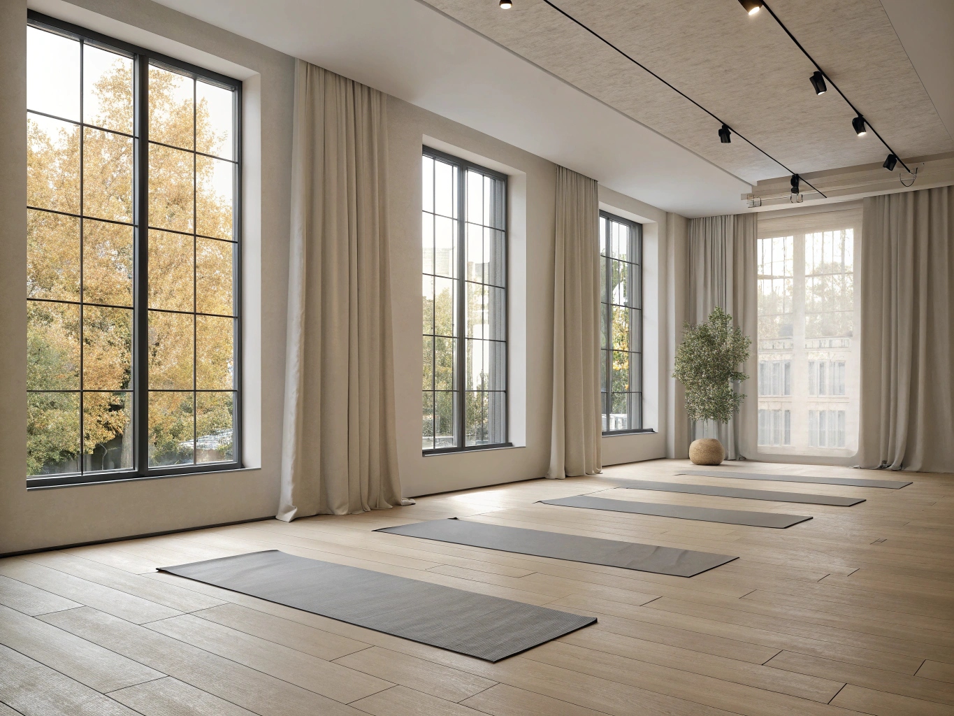 Ljus och rymlig yoga- och gruppträningssal
